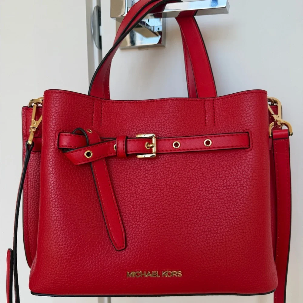 NEW Michael Kors Emilia Small Pebbled Leather Satchel Bright Red